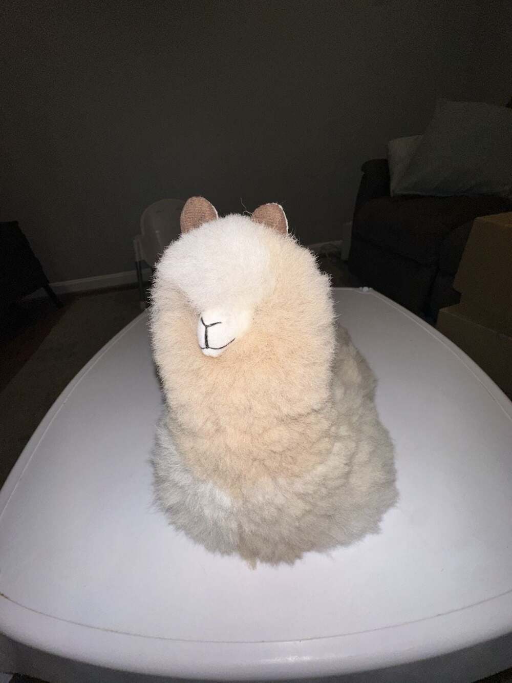 Handmade Real Alpaca Fur Toy Stuffed Animal Plush Figurine Beige and White